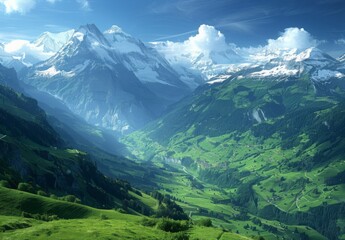 Fototapeta premium A breathtaking view of snow capped peaks and lush green valleys in the Swiss Alps