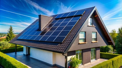 Roof of modern house covered in sleek black solar panels harnessing green renewable energy under bright blue clear morning sky.