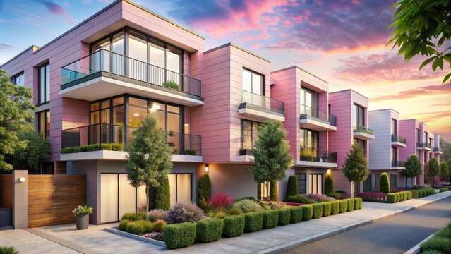 Pastel pink accents adorn sleek, modern townhouses with mixed-use spaces, walkable streets, and greenery in trendy urban neighborhood setting.