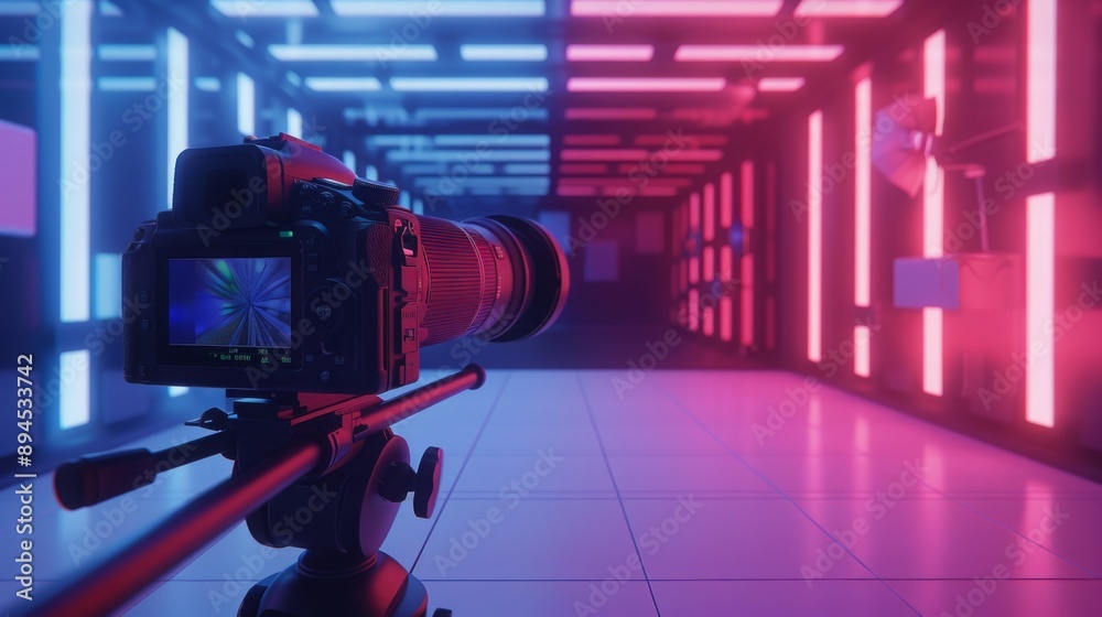 Poster A camera on a tripod is set up in a studio with neon blue and red lighting. The camera lens is facing a hallway with more neon lights.