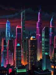 Stunning Futuristic Cityscape Featuring Brightly Illuminated Skyscrapers and a Dynamic Urban Atmosphere at Night