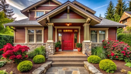 Fototapeta premium Vibrant crimson front door boldly contrasts with muted earth tones of charming craftsman house's rustic exterior facades and lush greenery.