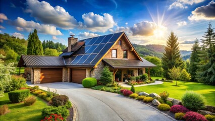 Rustic country house with sleek photovoltaic system on gable roof, surrounded by lush greenery, paved driveway, and serene landscape scenery.