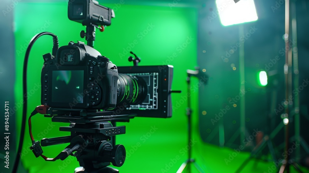 Poster A professional DSLR camera is mounted on a tripod in front of a green screen. The camera is equipped with a monitor and a flash light.