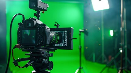 A professional DSLR camera is mounted on a tripod in front of a green screen. The camera is equipped with a monitor and a flash light.