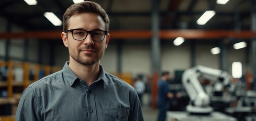 Portrait of project manager standing in modern industrial factory. Manufacturing facility with robotics, robotic arms and automation. Storing products and materials in warehouse