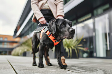 Guide dog leading visually impaired person on city street