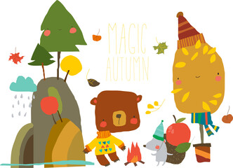 Vector Illustration with Cute Cartoon Animals and Autumn Landscape