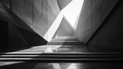 Modern architectural interior, characterized by its geometric design, use of concrete, and the interplay of light and shadow