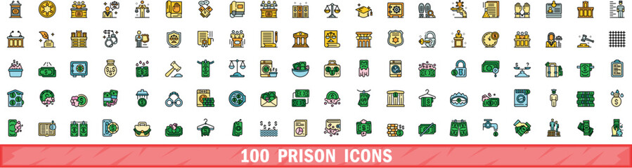 100 prison icons set. Color line set of prison vector icons thin line color flat on white