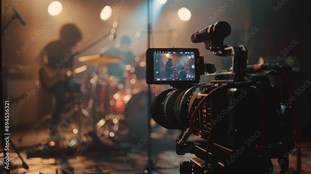 Poster a camera captures a live band performance with a guitarist and drummer in the background. the camera
