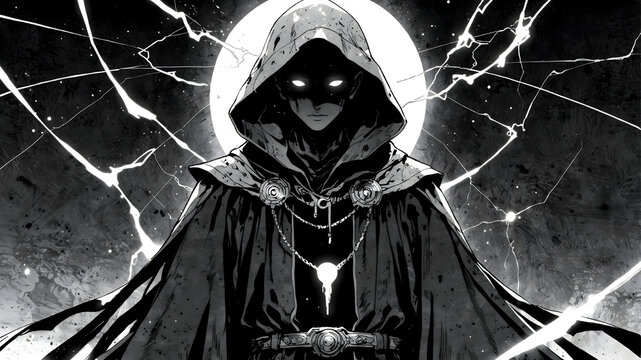 Arcane sorcerer with enigmatic aura. A powerful wizard cloaked in darkness stands prominently with a radiant halo behind his hooded head.