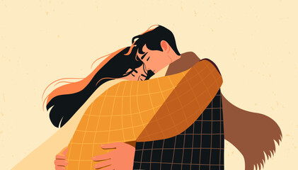Grief couple hug together. Sad family support. Woman and man love empathy. Depressed loss people. Help care miscarriage female sympathy. Vector illustration in flat style