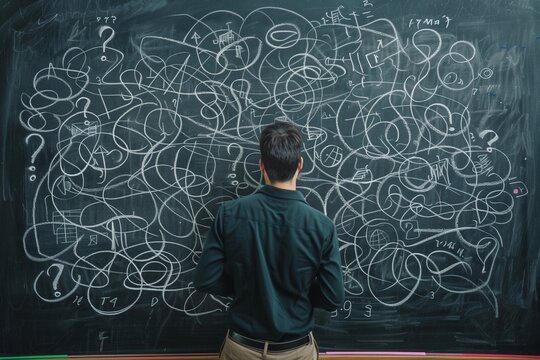 A man stands before a blackboard covered in tangled lines and question marks, representing the concept of a cluttered mind dealing with business difficulties.