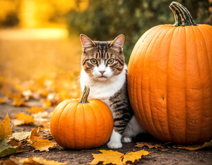 Cute cat sitting between two pumpkins. Outdoors during autumn. Cozy vibes with cat during the autumn season.