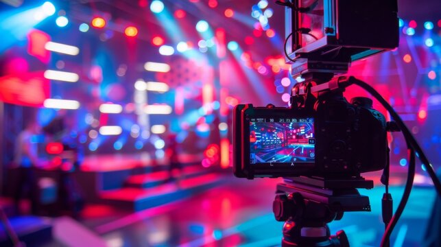 A camera is set up on a tripod, facing a stage lit with colorful spotlights. The camera screen shows a reflection of the stage.