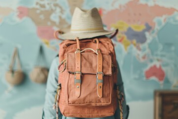 Adventurer ready to explore with backpack and world map