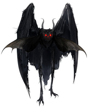 Terrifying Black Mothman with Red Eyes - Scary Halloween Creature, Detailed Dark Winged Monster, Isolated on Transparent Background