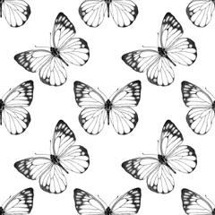Seamless pattern of realistic butterfly. Hand drawn illustration. Animal motif. Black and white. Painted butterflies elements on white background. For fabric, wrapping paper, textile, design, banner