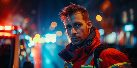 Obraz premium A paramedic in a high-visibility jacket standing on a busy street at night with emergency lights