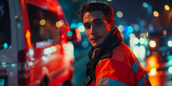 A paramedic in a high-visibility jacket on a city street at night