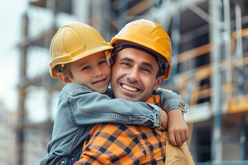 Construction Worker Holding Child at Construction Site