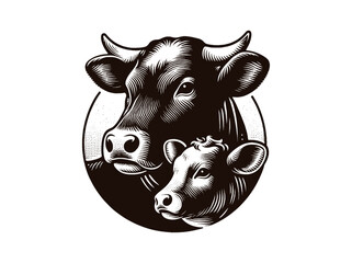 Cow and calf. Face, head. Emblem, vintage engraving vector illustration. Monochrome, black and white.