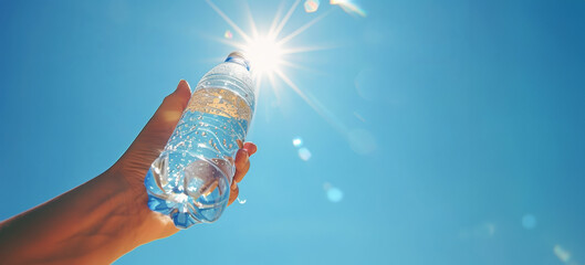 The sun shining bright with a plastic water bottle in hand against a clear blue sky, symbolizing global heat crisis.