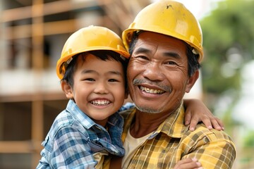 Construction Worker Holding Child at Construction Site