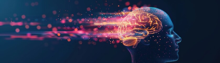 Fototapeta premium Futuristic digital illustration of human brain with glowing connections, representing artificial intelligence, neural networks, and technology.