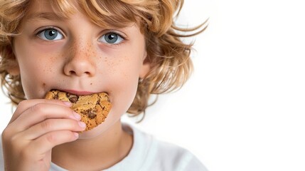 Naklejka premium Young child with blond hair and blue eyes enjoying a chocolate chip cookie with a white background.