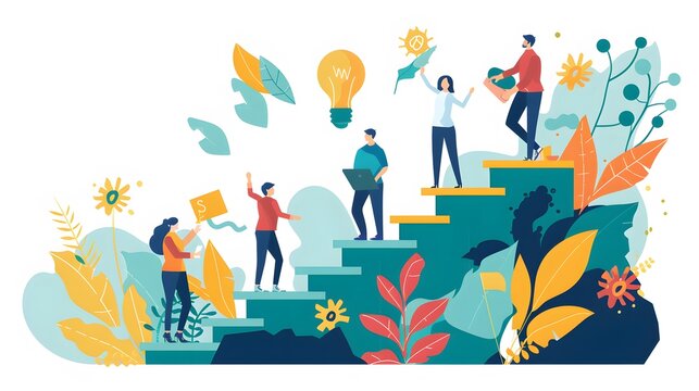 Business mentor helps to improve career and holding stairs steps vector illustration. Mentorship, upskills, climb help and self development strategy flat style design business concept. 