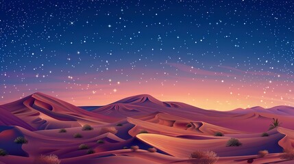 Dawn Landscape, with Desert Sand Dunes. Empty Contemporary Wallpaper with Blue Gradient Starry Sky
