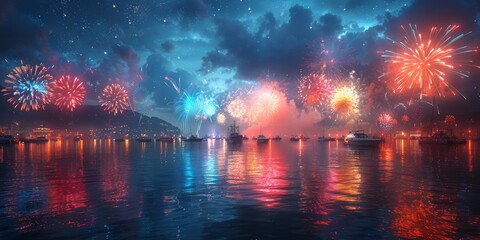 Obraz premium Fireworks show at harbor for National Fireworks Day, July 4th, reflecting on water, vibrant display, night celebration