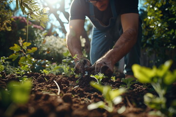 Fototapeta premium A person planting seedlings in a garden, working the soil with their hands