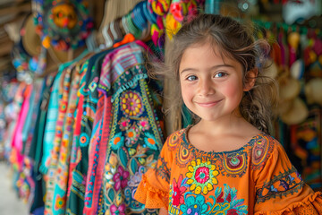 Fototapeta premium Mexican girl smiling wearing traditional embroidered dress in market