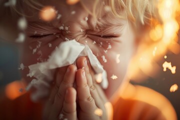 Child sneezing into tissue