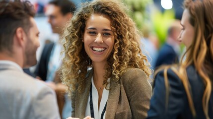 Obraz premium A candid shot of a woman conversing at a trade fair, gaining valuable experience and knowledge from industry experts.