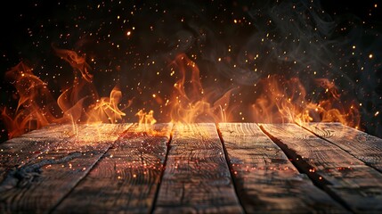 wooden table with Fire burning at the edge of the table, fire particles, sparks, and smoke in the air, with fire flames on a dark background to display products 