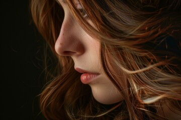 Fototapeta premium Closeup of a woman's profile with shadows and highlighted hair strands