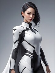 Confident Futuristic Female Warrior Dressed in a Sleek White and Black Armor Suit, Embodying Strength and Determination