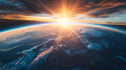 Fototapeta premium Curvature of planet Earth. space view of earth planet from space. Sunrise over globe land and ocean