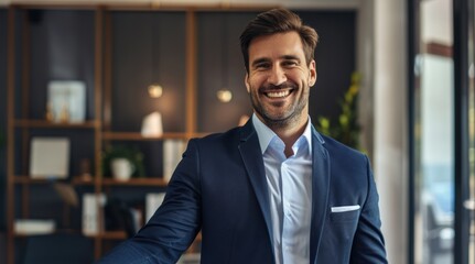 Fototapeta premium happy businessman, dressed in a business suit, exudes joy as he plans strategy with focused attention on the laptop screen in the modern office.
