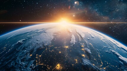 Curvature of planet Earth. space view of earth planet from space. Sunrise over globe land and ocean 