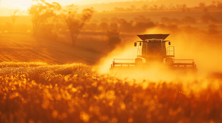 Obraz premium A combine harvester at work in a wheat field.