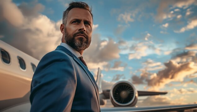 Portrait of a handsome male businessman traveling near a business plane at the airport.