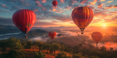 Naklejka premium Hot air balloons rising at dawn for National Hot Air Balloon Day, August 20th, colorful balloons, picturesque landscape, serene flight