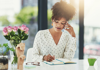 Office, business woman and phone call with notebook for writing, communication and planning with contact. Career, event planner and mobile for calling, details and information with updates on journal