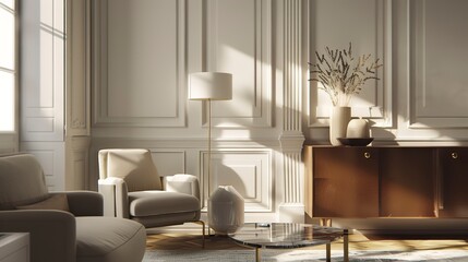 Illustrate a chic, gold-toned lamp with a marble base, adding a touch of luxury and elegance to an interior space. 