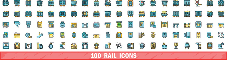 100 rail icons set. Color line set of rail vector icons thin line color flat on white